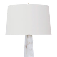 Large Quatrefoil Alabaster Table Lamp with a tapered white alabaster base and a white linen drum shade.