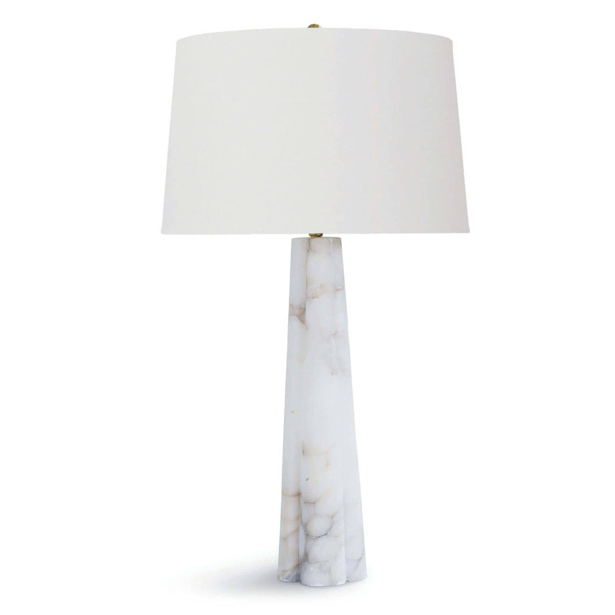 Large Quatrefoil Alabaster Table Lamp with a tapered white alabaster base and a white linen drum shade.