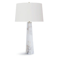 Large Quatrefoil Alabaster Table Lamp with a tapered white alabaster base and a white linen drum shade.