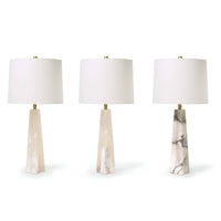 Three Quatrefoil Alabaster Table Lamps with tapered bases and white drum shades, showing varied natural stone patterns.
