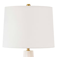 Small Quatrefoil Alabaster Table Lamp with a tapered alabaster base and a white linen drum shade.