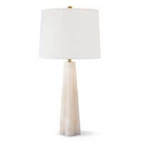 Small Quatrefoil Alabaster Table Lamp with a tapered base, white linen drum shade, and polished brass accents.