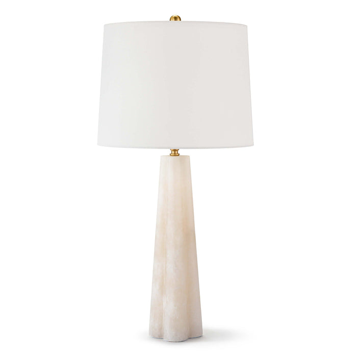 Small Quatrefoil Alabaster Table Lamp with a tapered base, white linen drum shade, and polished brass accents.