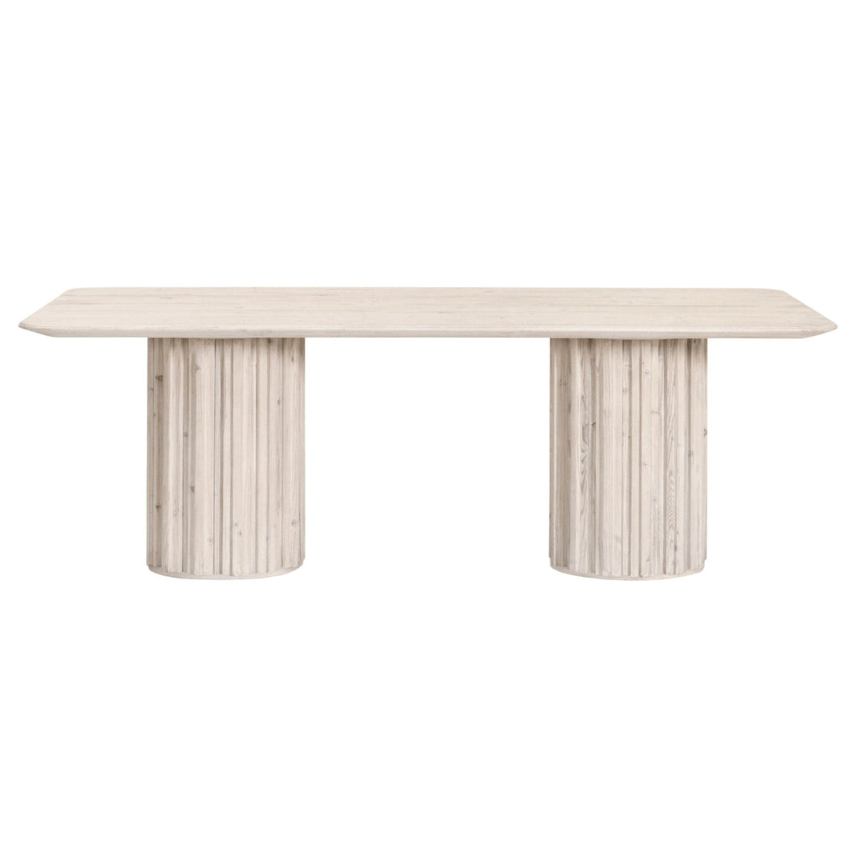 Randall Pine White Wash Dining Table with rounded corners and two fluted pedestal bases.