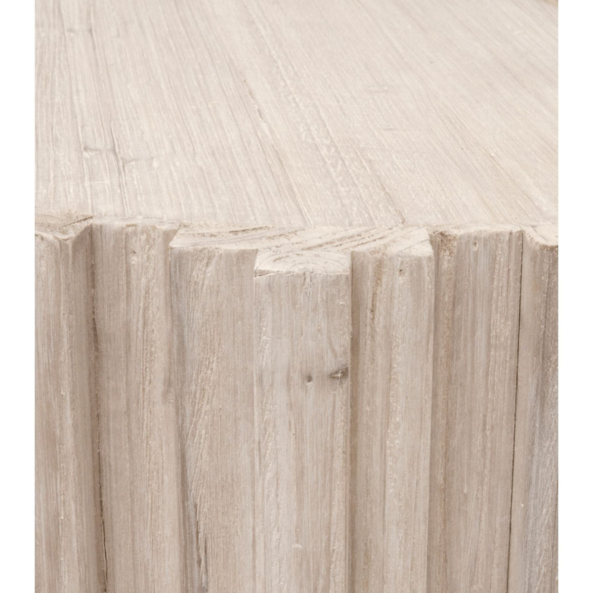 Round Randall Pine White Wash End Table, reclaimed wood with vertical fluted sides.
