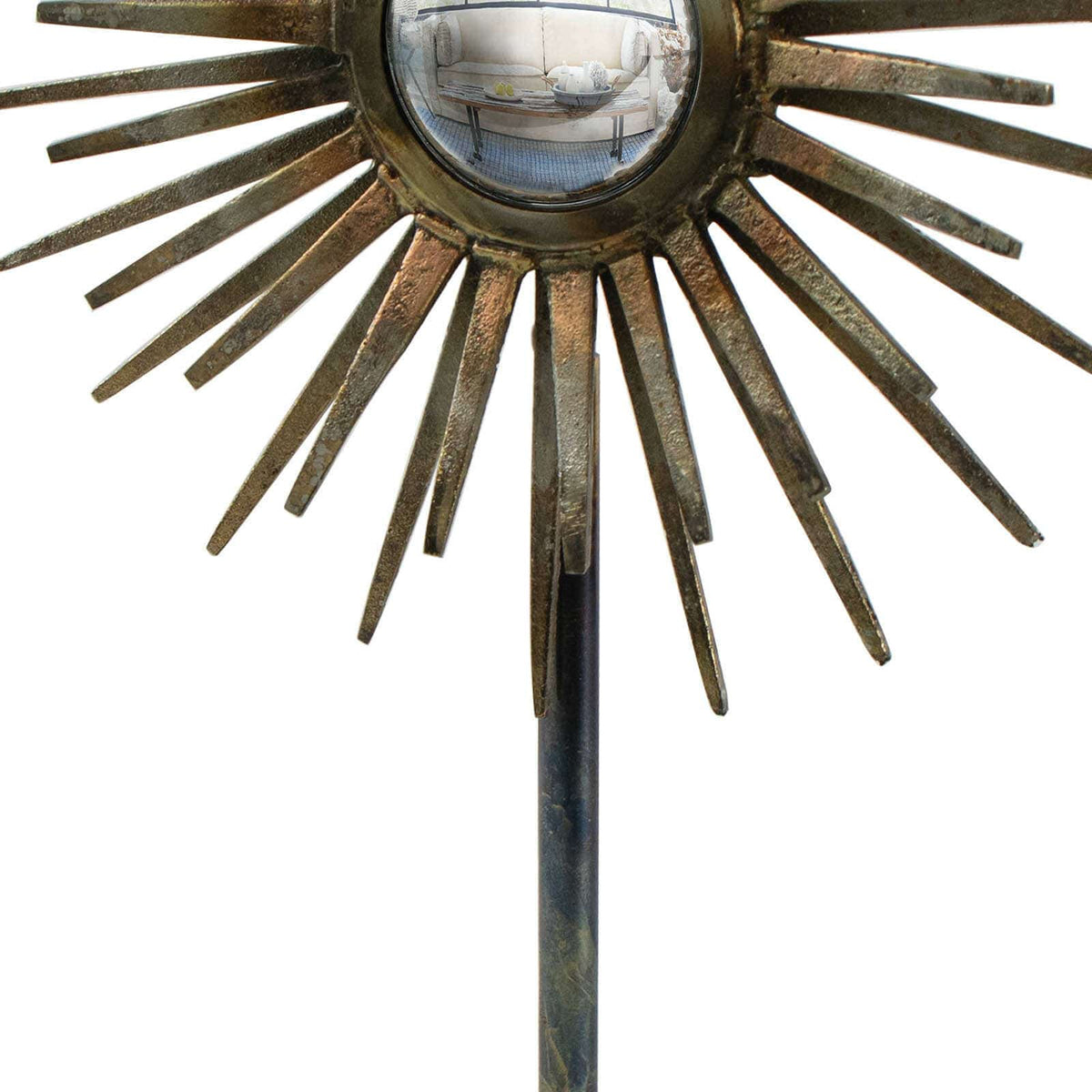 Radiant Sculpture: Industrial-chic patinated iron base with a spiked surround and convex mirror.