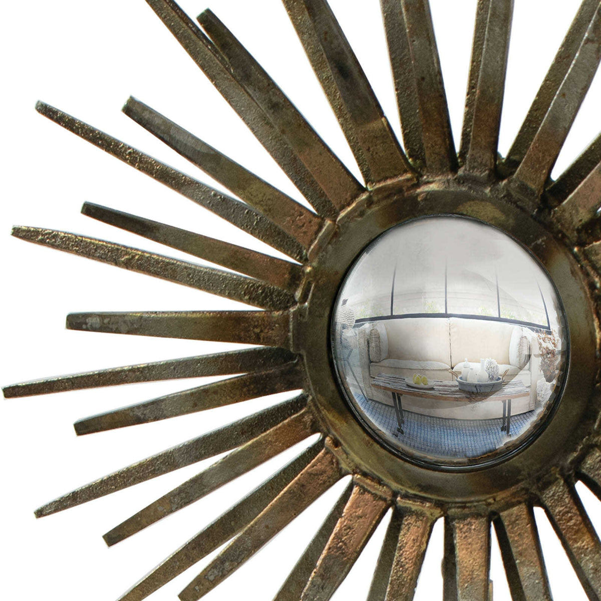Radiant Sculpture: Industrial-chic patinated iron base with spiked mirror surround and convex mirror.