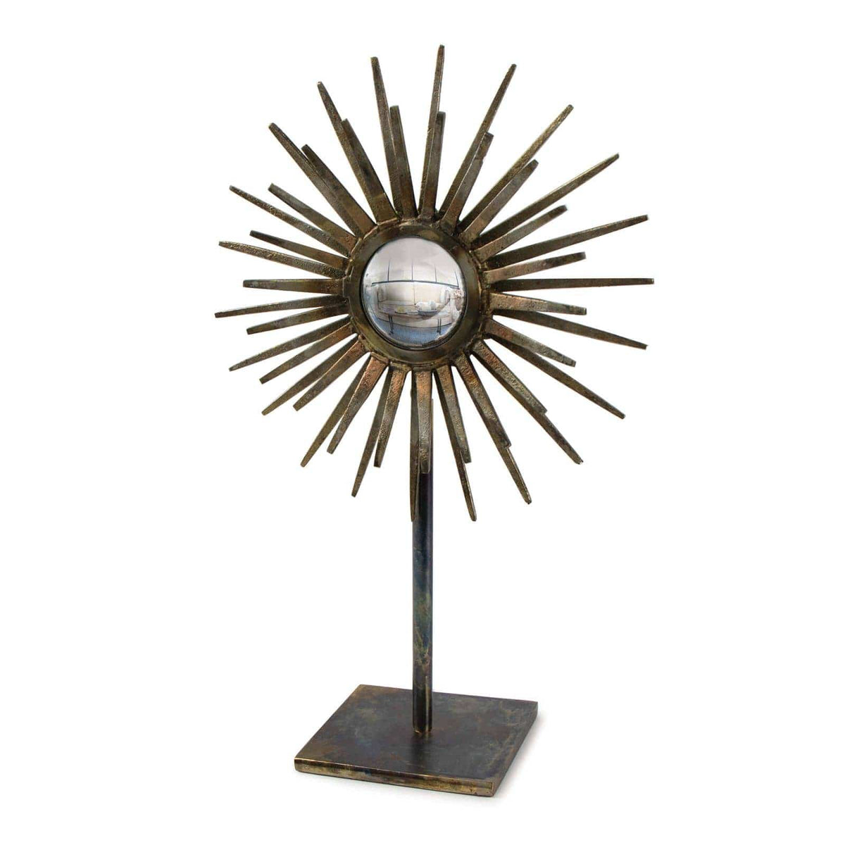 Industrial-chic Radiant Sculpture with patinated iron base, spiked surround, and convex mirror.