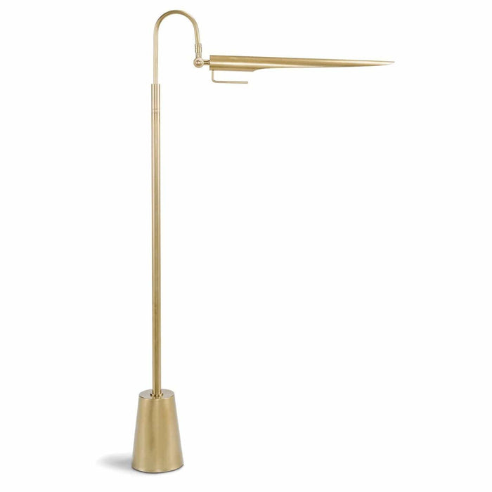 Raven Floor Lamp in natural brass with an adjustable, bird-like shade and sleek, modern design.