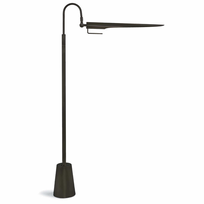 Raven Floor Lamp in oil-rubbed bronze with a slender pole, conical base, and adjustable bird-like shade.