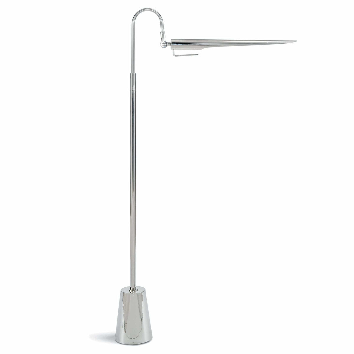 Raven floor lamp, polished nickel, with a sleek, adjustable bird-like shade and round base.
