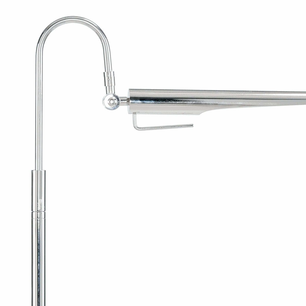 Raven floor lamp in polished nickel with an adjustable, aerodynamic shade.