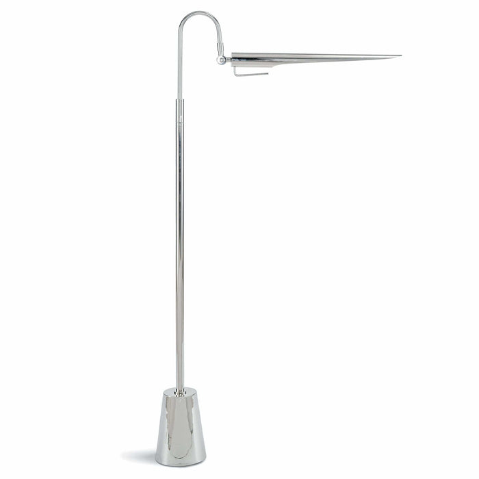 Raven floor lamp in polished nickel, featuring an adjustable, aerodynamic, bird-like shade.