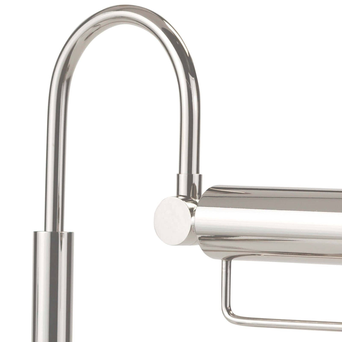 Close-up of a Raven Task Lamp in polished nickel with an adjustable, curved arm and cylindrical shade.
