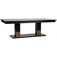 Ravenko black mahogany dining table with rectangular lines and brass leg bands.