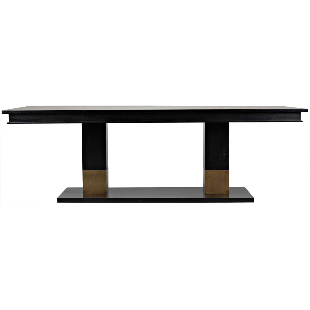 Ravenko black mahogany dining table with rectangular lines and brass leg bands.