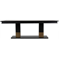Ravenko black mahogany dining table with rectangular lines and brass leg bands.