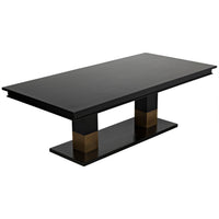 Ravenko black mahogany dining table with rectangular top, two pedestal bases, and brass leg bands.