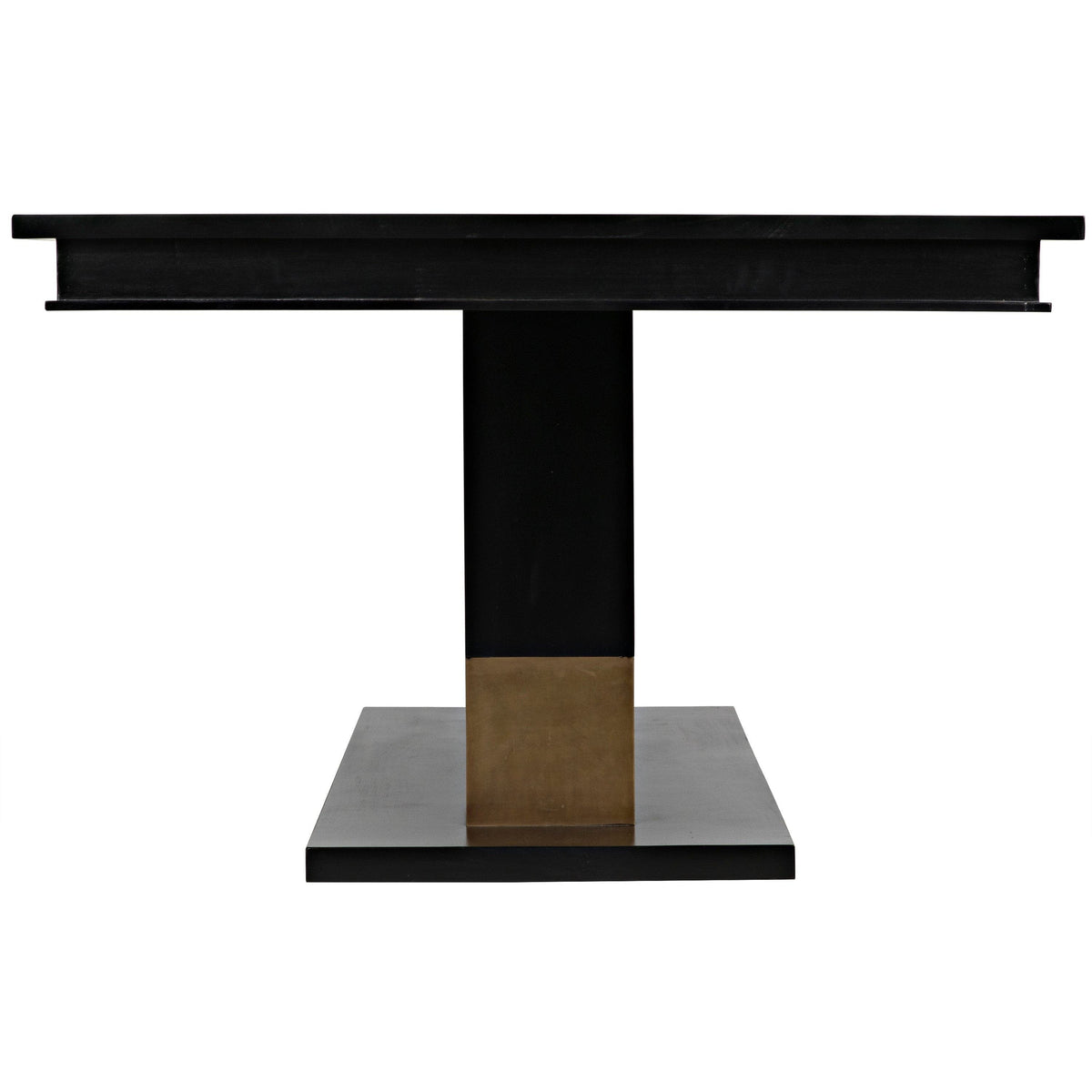 Ravenko black mahogany dining table with rectangular lines and brass bands on the base.