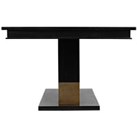 Ravenko black mahogany dining table with rectangular lines and brass bands on the base.