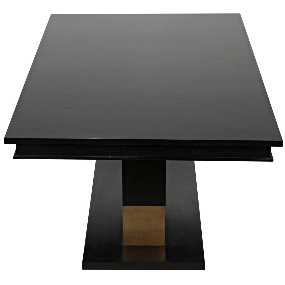 Ravenko black mahogany dining table with rectangular lines and brass leg bands.