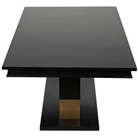 Ravenko black mahogany dining table with rectangular lines and brass leg bands.