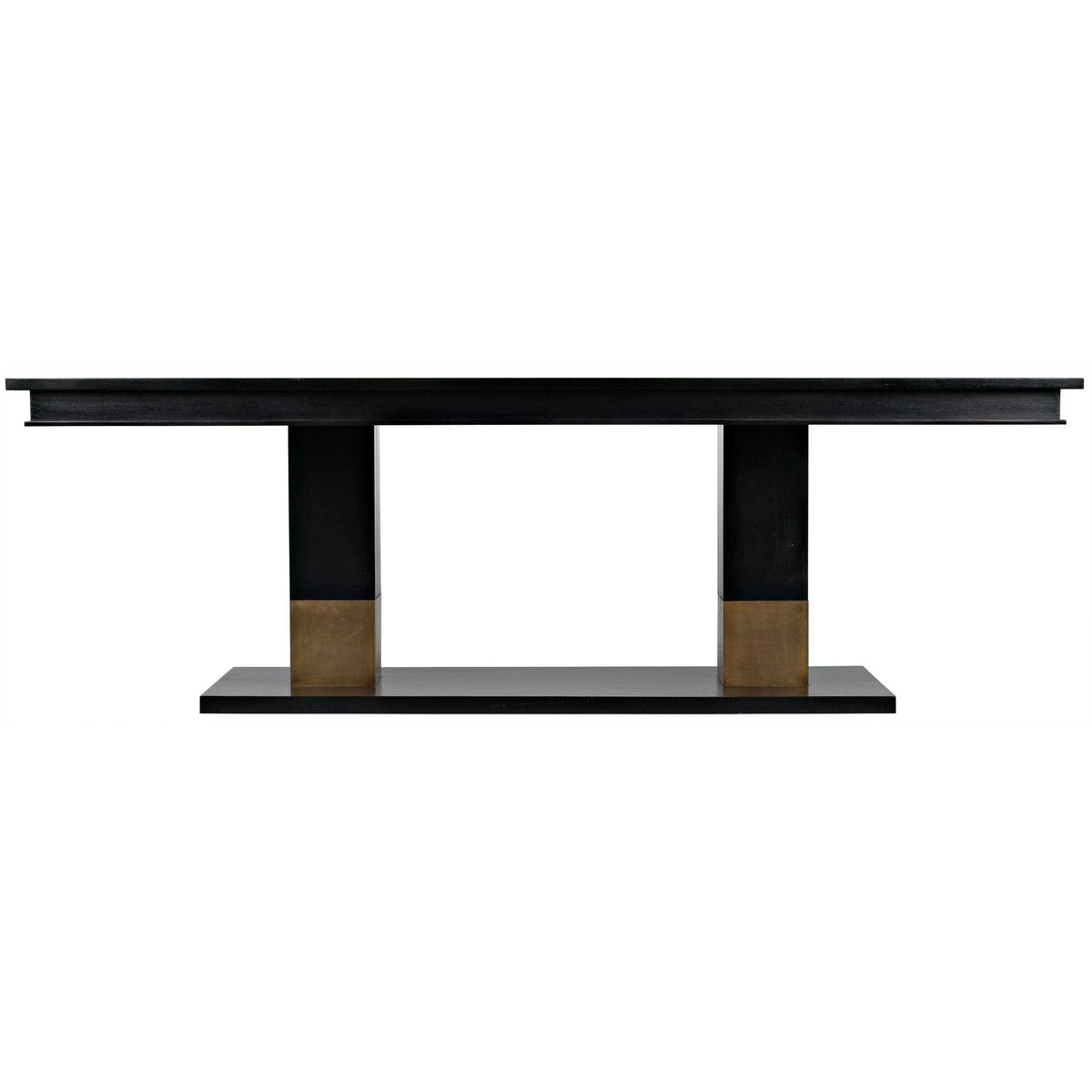 Ravenko black mahogany dining table with rectangular lines and brass bands on leg bases.