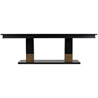 Ravenko black mahogany dining table with rectangular lines and brass bands on leg bases.