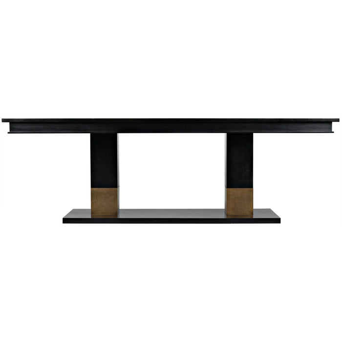 Ravenko black mahogany dining table with rectangular lines and brass bands on leg bases.