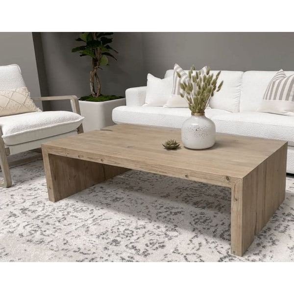 Raymond Gray Pine Coffee Table, a rustic reclaimed wood rectangular table with faux split holes.