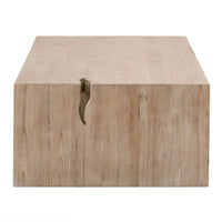 Rustic gray pine coffee table with a rectangular shape and decorative faux split hole.