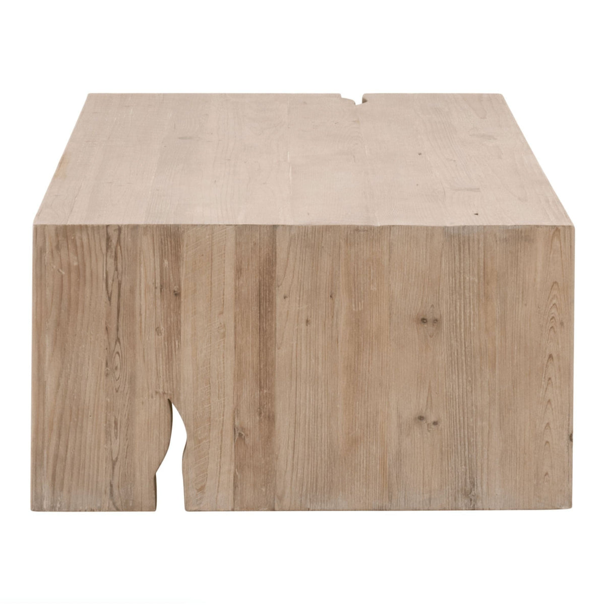 Rustic gray pine coffee table with rectangular shape and decorative faux split holes.