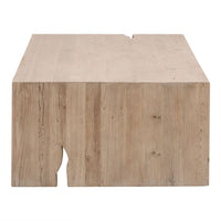 Rustic gray pine coffee table with rectangular shape and decorative faux split holes.