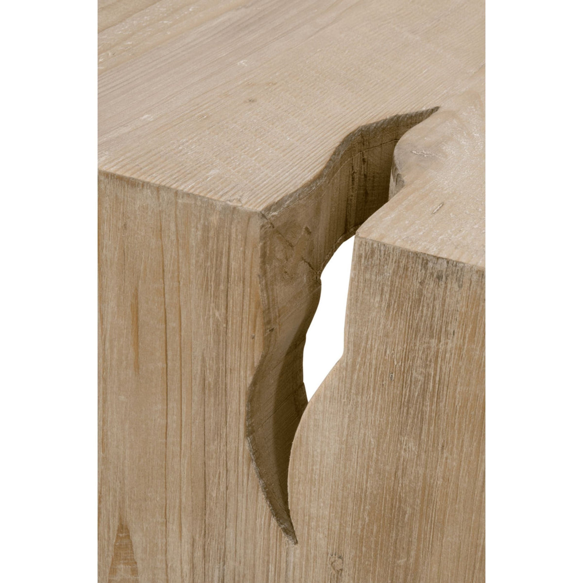 Rustic gray pine coffee table with a unique faux split hole design.