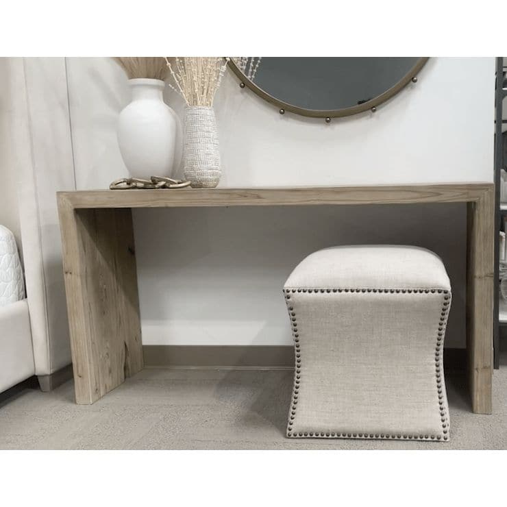 Raymond Gray Pine Console Table, a rustic rectangular reclaimed wood table with a light gray finish.