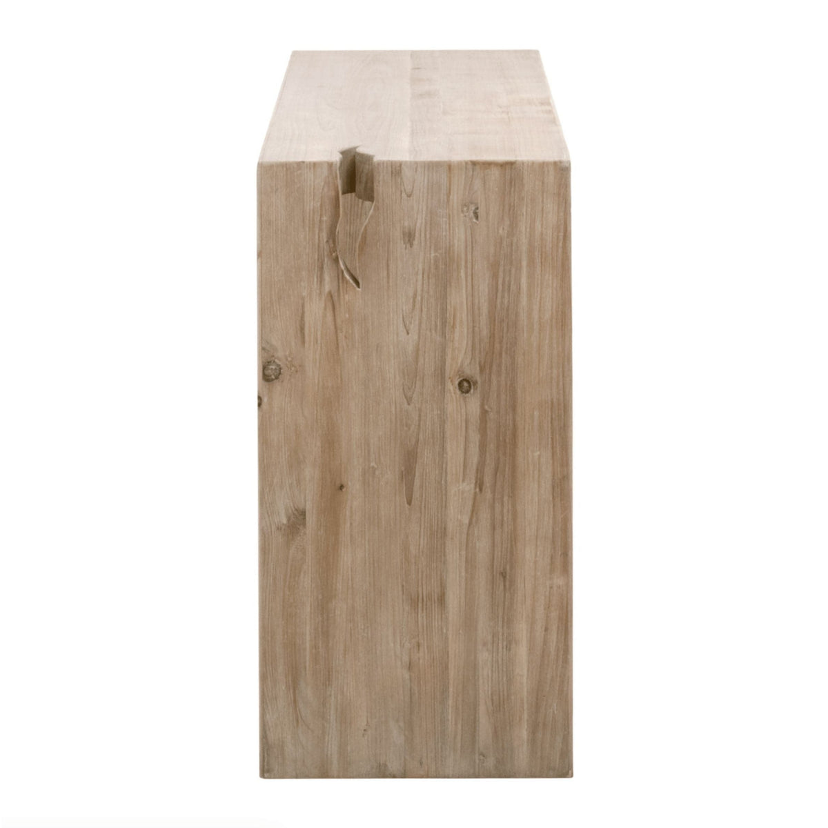 Raymond Gray Pine Console Table, a rustic rectangular reclaimed wood table with natural wood grain and a visible crack.