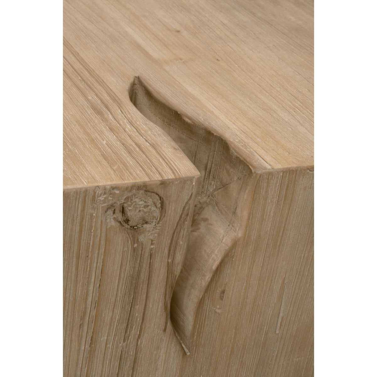 Raymond Gray Pine End Table, a rustic rectangular side table made from reclaimed pine wood with a natural split detail.