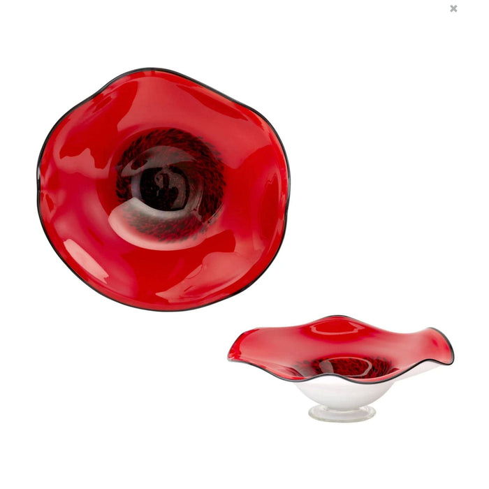 Vibrant red art glass decorative bowl with a black rim and swirling black interior, shown from top and side views.