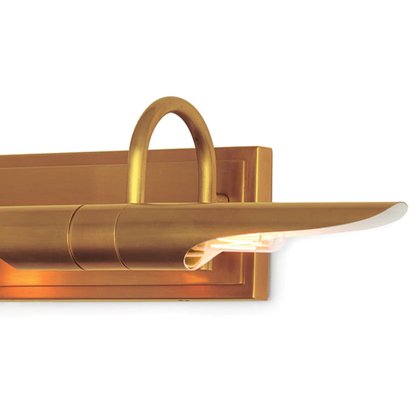 Large natural brass Redford picture light, a classic museum-inspired steel fixture with a rotating light source.