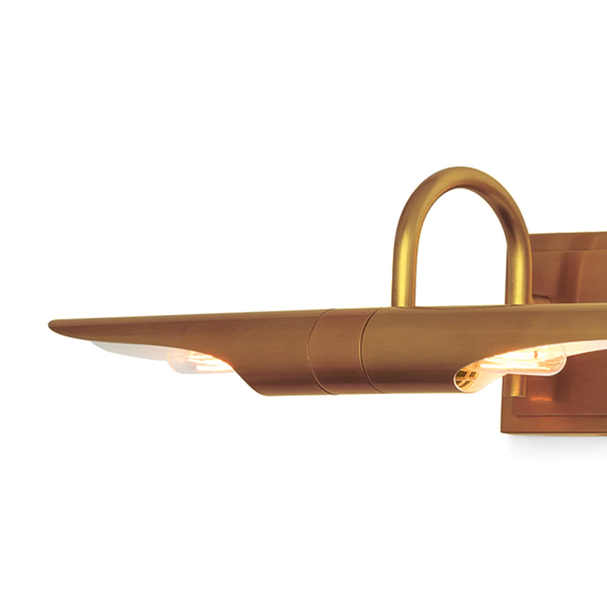 Large Redford picture light in natural brass, featuring a rotating, elongated shade with visible bulbs.