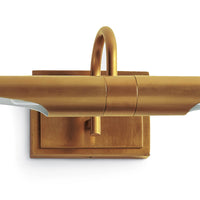Redford Small Natural Brass Picture Light with a rotating light source, classic museum-inspired design.