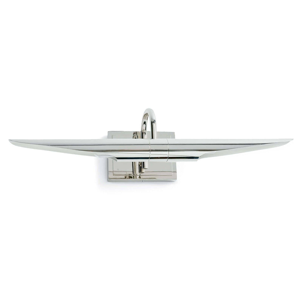 Redford Small Picture Light in polished nickel, 22" wide, with a sleek, rotating museum-style design.