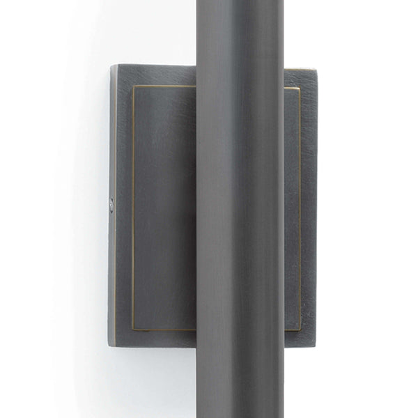 Redford Sconce in oil rubbed bronze steel, featuring a rectangular backplate with gold trim.