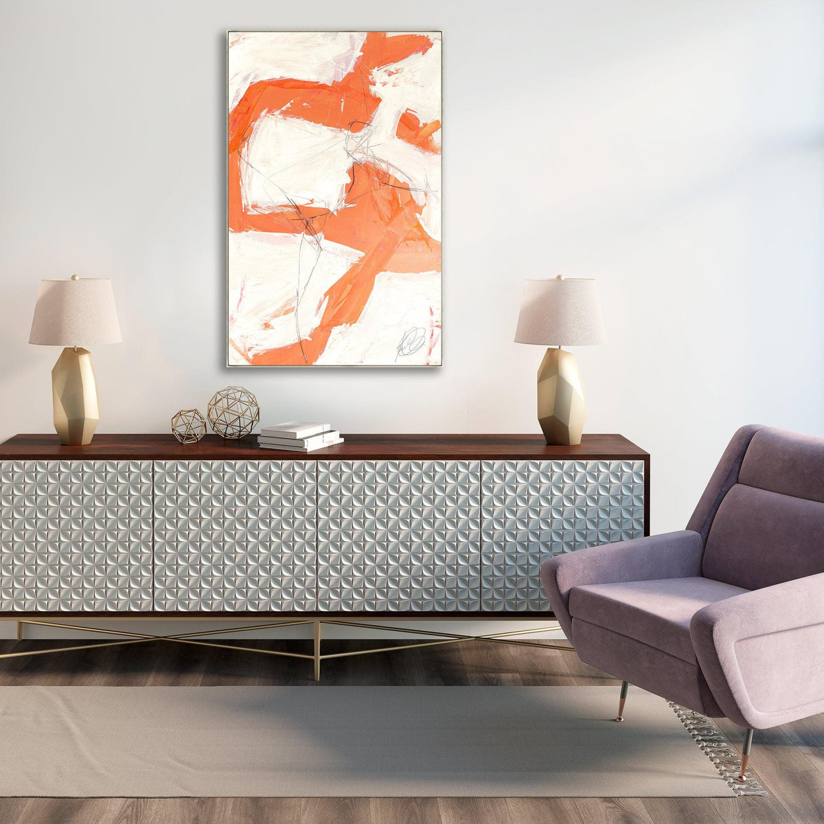 Reef I Giclee Canvas Painting, a vertical abstract artwork with orange and white brushstrokes, framed above a console.