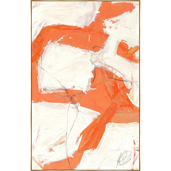 Abstract giclee canvas painting with bold orange and white brushstrokes, subtle black lines, and a thin gold frame.