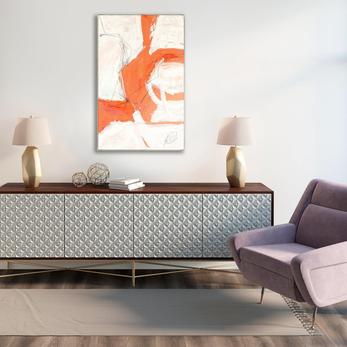 Reef II Giclee Canvas Painting, a vertical abstract artwork with orange and white brushstrokes, displayed above a console table.