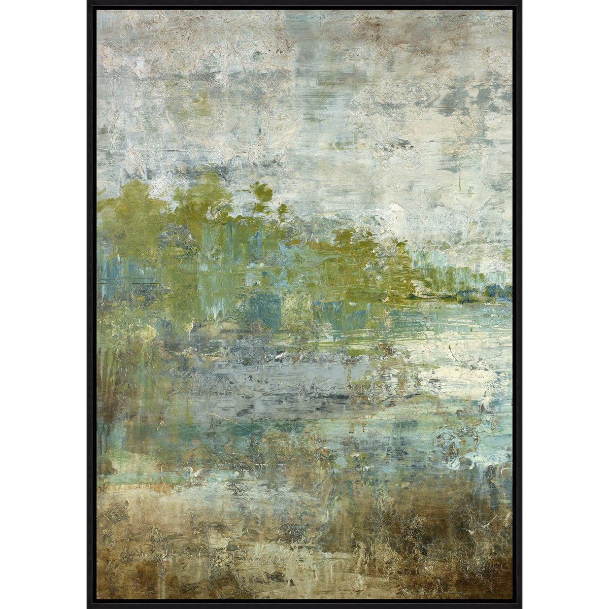 Abstract giclee painting, "Reflecting Pool II," with layered greens, blues, and browns, framed in black.