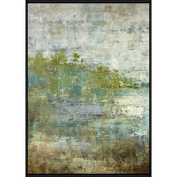 Abstract giclee painting, "Reflecting Pool II," with layered greens, blues, and browns, framed in black.