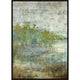 Abstract giclee painting, "Reflecting Pool II," with layered greens, blues, and browns, framed in black.