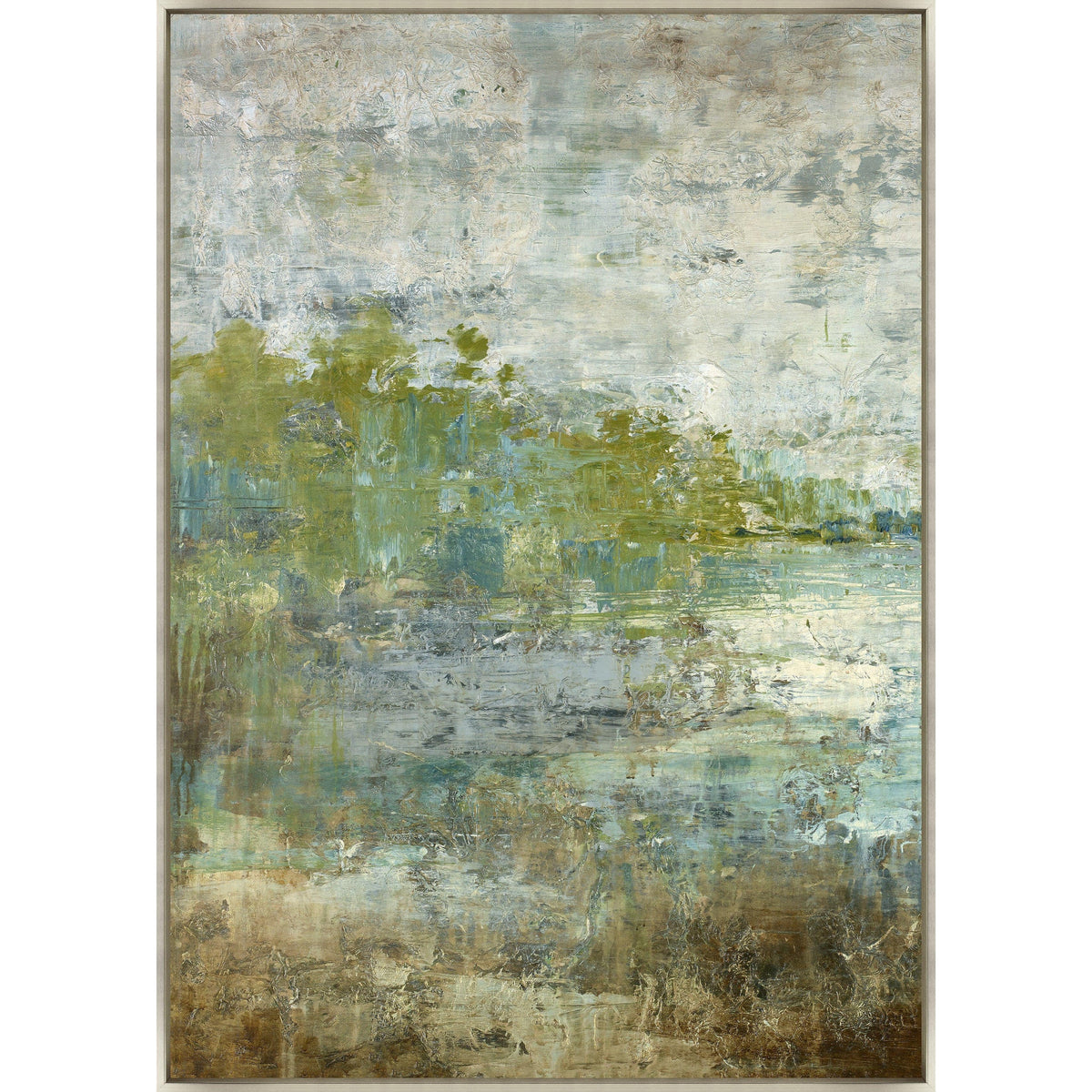Abstract giclee painting, "Reflecting Pool II," with textured blues, greens, and browns in a light frame.